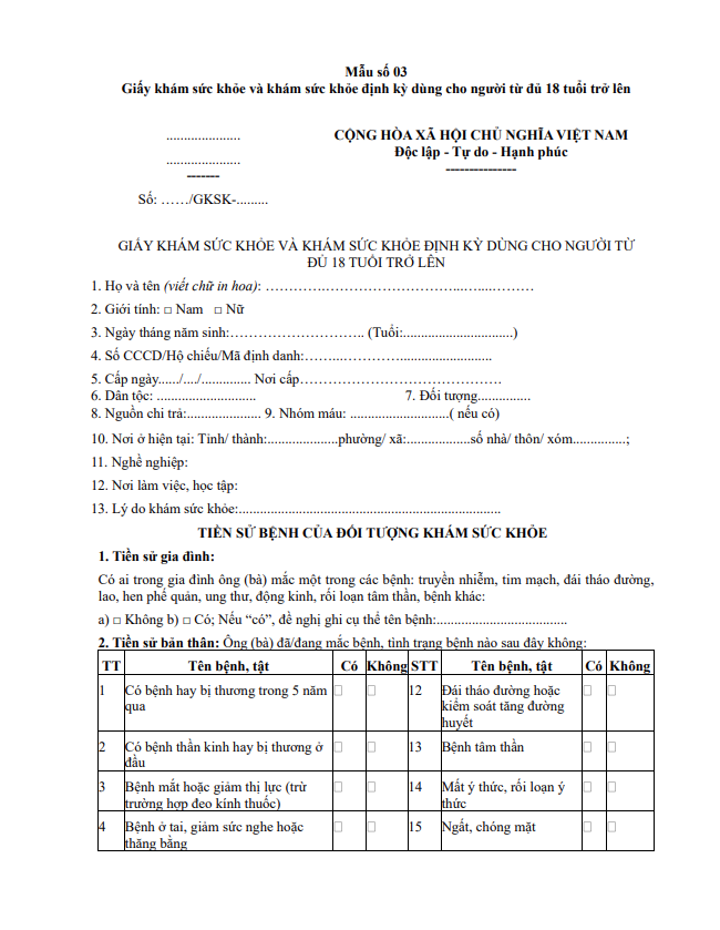 mẫu giấy khám sức khỏe